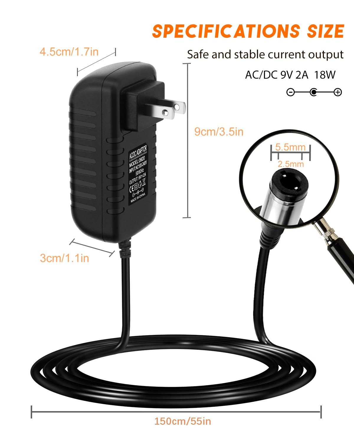 9V 2A Power Supply Adapter AC 110V-240V to DC 9Volt 1.5A 1A 750mA black