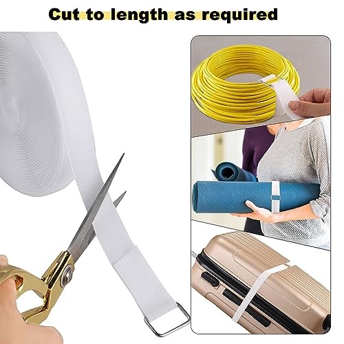 1″x32ft Hook and Loop Straps with 50 Metal Buckles, Adjustable 1in x 32ft White