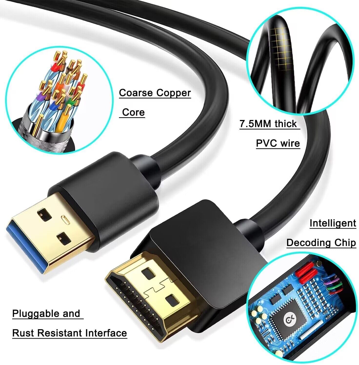 USB 3.0 to HDMI Male Cable – 6.6FT Adapter for Multi-Monitor Setup with Drivers