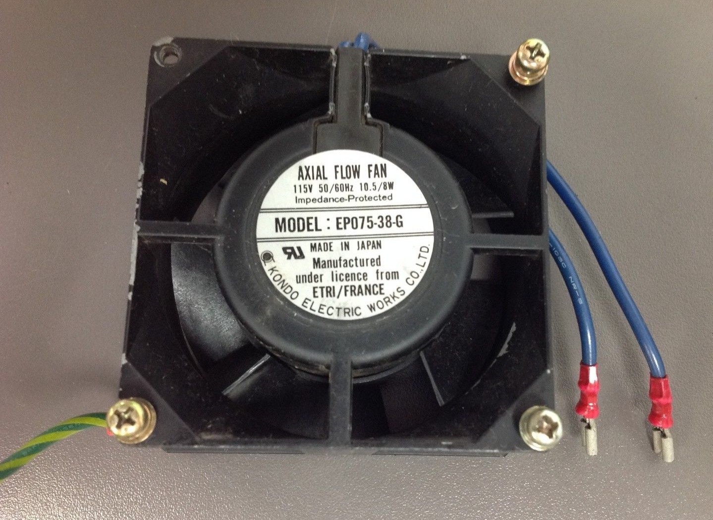 KONDO Axial Flow Fan, Model EP075-38-G, 115 V, 50/60Hz, 10.5/8W, Used and Tested