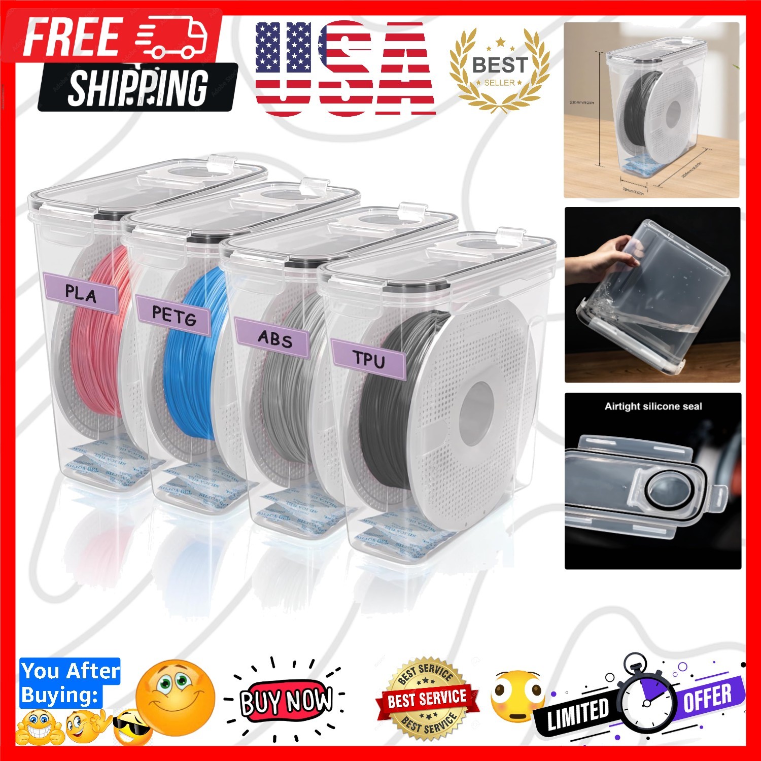 3D Printer Filament Storage Box, 4-Pack Dry Box with Reusable Silica Gel Desi…