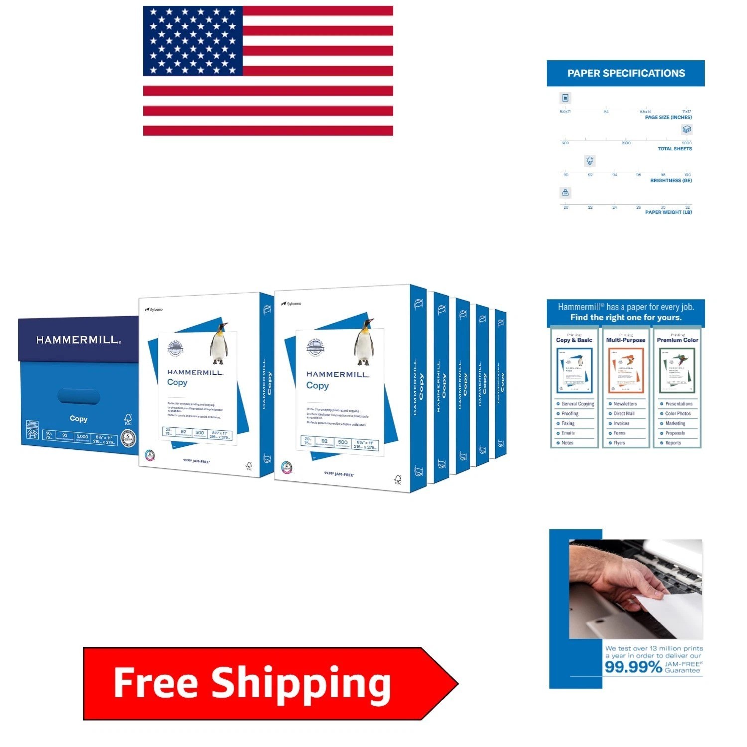 20 lb Copy Paper – 8.5 x 11 – 10 Reams, 5000 Sheets, 92 Bright – Made in USA