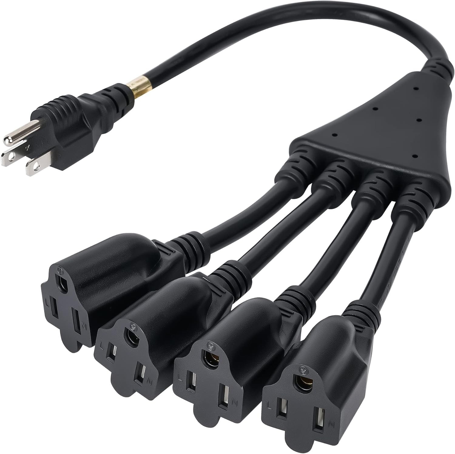 Efficient 4-Way Outlet Splitter – Heavy-Duty Black Extension Cable, 1.5 Ft