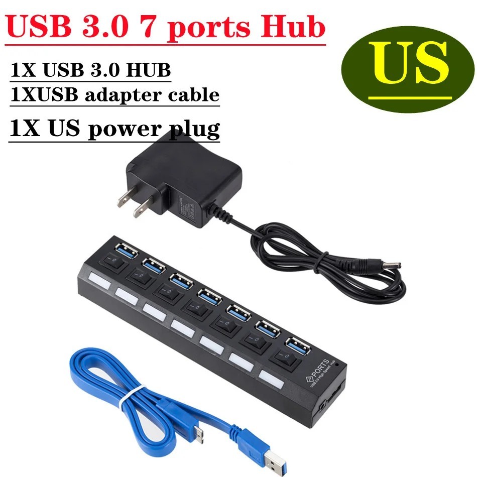 7 Port USB 3.0 Hub Splitter Adapter High Speed Extension For PC Laptop Desktop