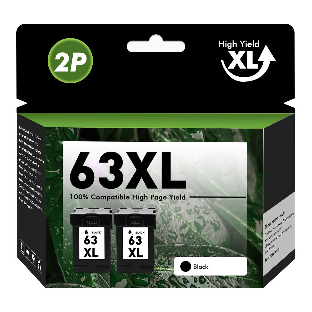 2PK 63XL Black Ink Cartridge Replacement for HP 63 OfficeJet 3830 4650 Envy 4520