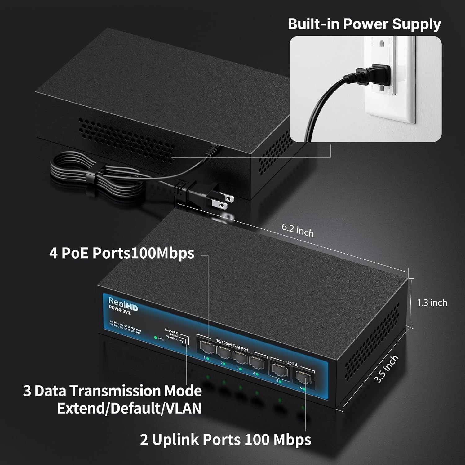 4 Port PoE Switch 8 Ports PoE+ 2 Uplink Unmanaged 100Mbps High 55W 802.3af/at