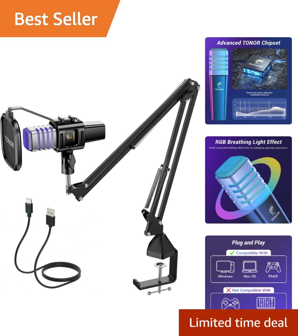 RGB USB Gaming Microphone with Adjustable Boom Arm – Perfect for Streaming