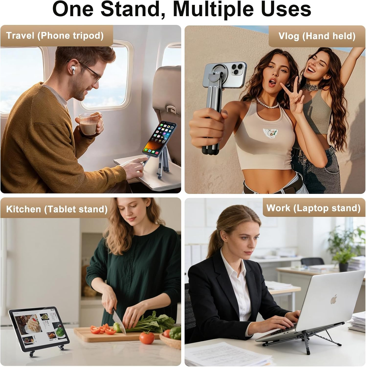 Foldable 3-in-1 Laptop Stand with Magnetic Phone Holder, Ergonomic Design, Silve