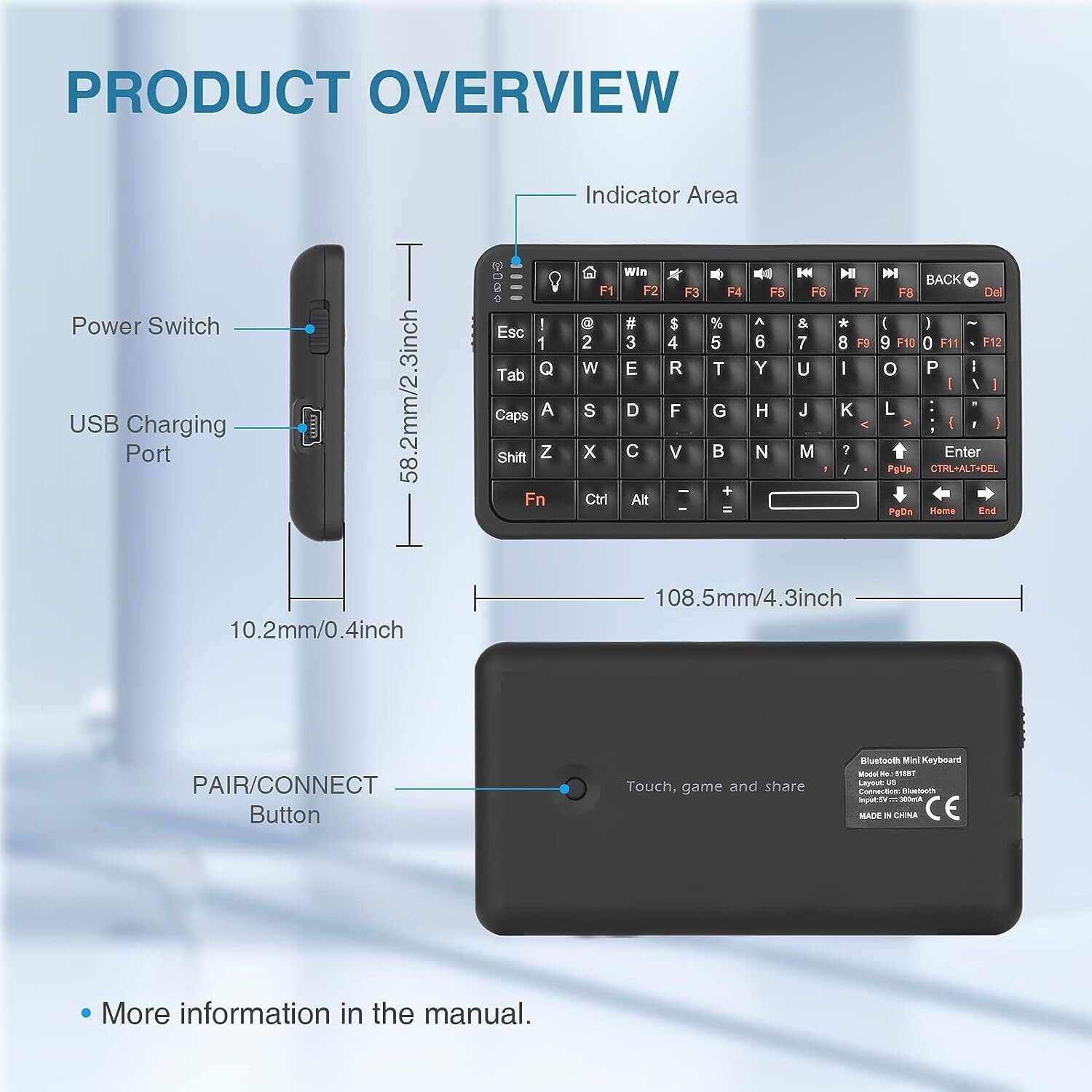 Mini Bluetooth Keyboard Wireless Qwerty 66 Keys Backlit Rechargeable Portable