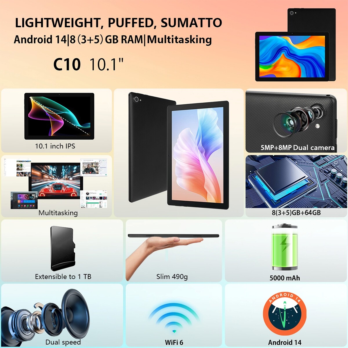 Anna Bell 10in Octa-Core Android 14 Tablet 8+64GB Dual Camera Bluetooth WIFI IPS