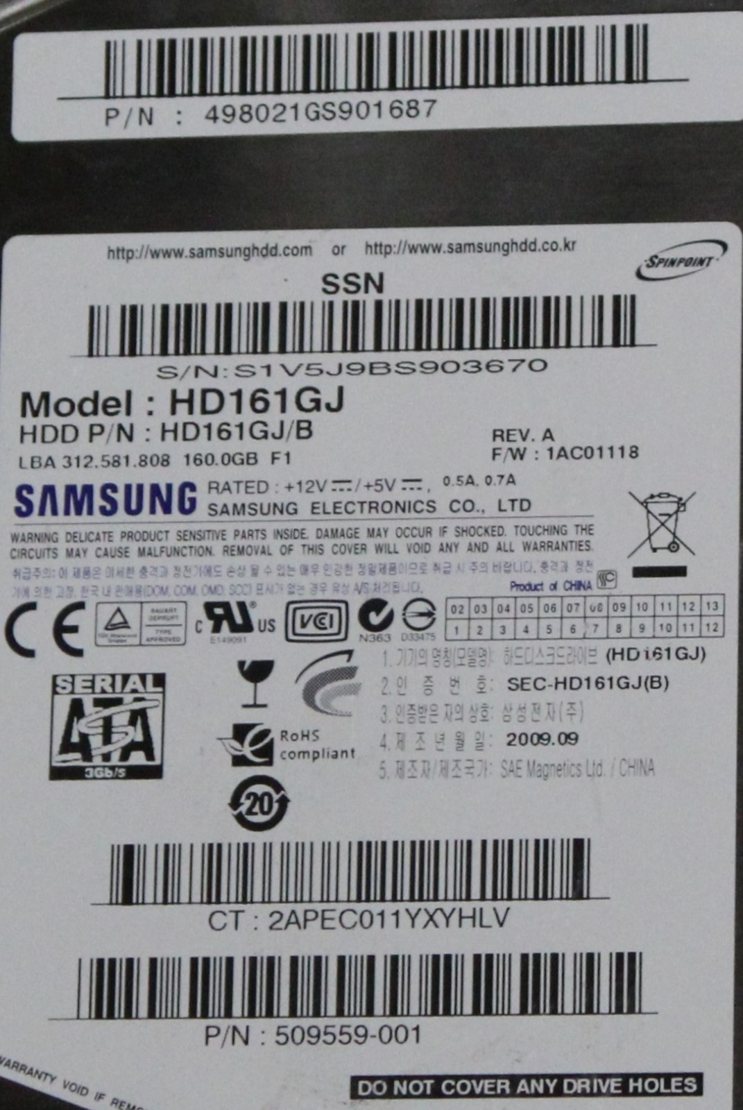 Samsung 160GB HDD Desktop Hard Drive 7200RPM Model HD161GJ