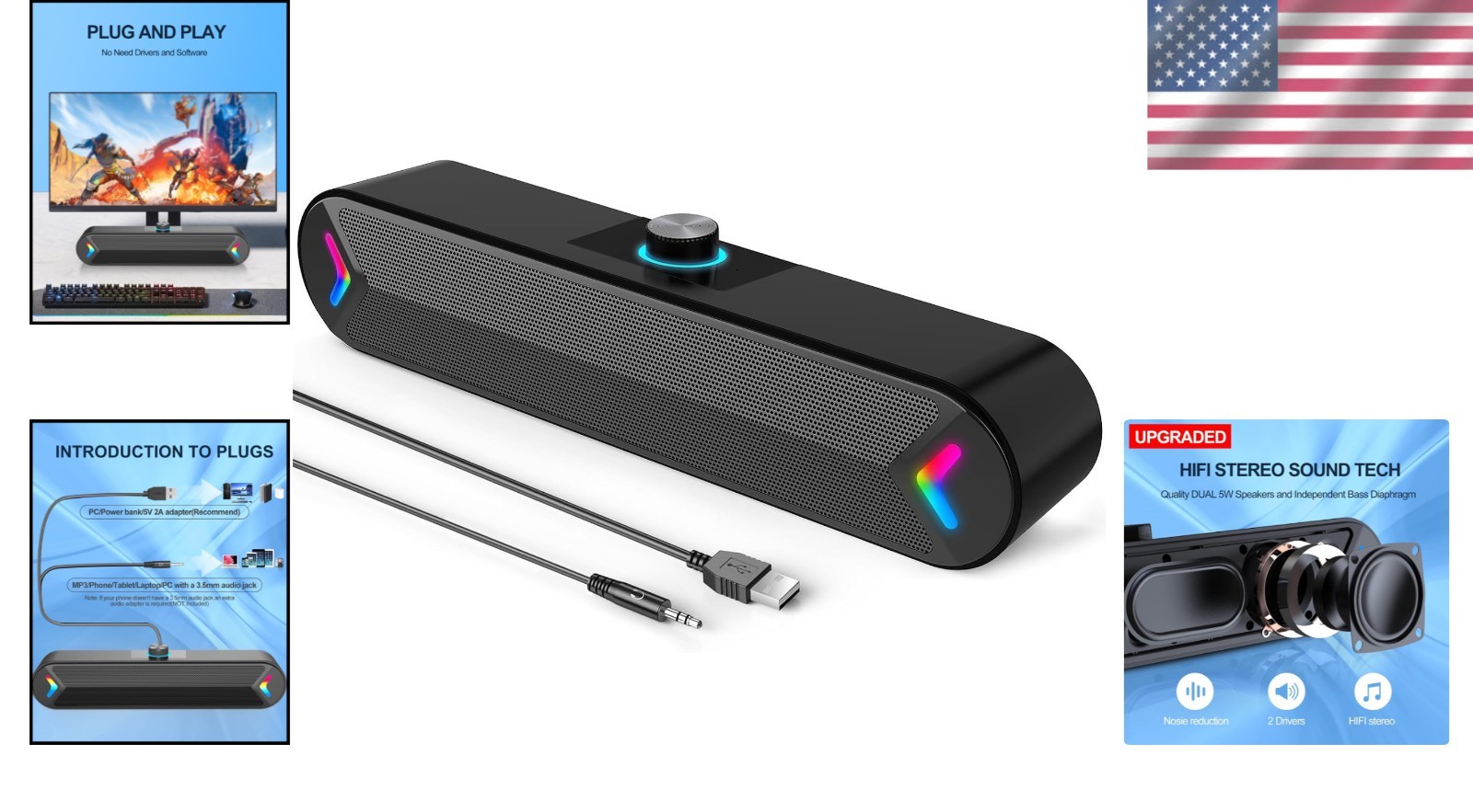 Plug-and-Play A39PRO PC Speakers: 10W Stereo Soundbar with Touch Volume Control
