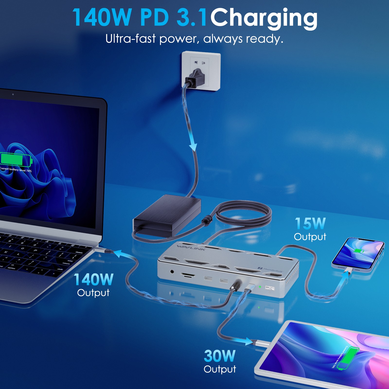 Thunderbolt 5 Dock MAX 140W PD 4x USB-A 10Gbps up to 8K Dual/Triple Display Hub