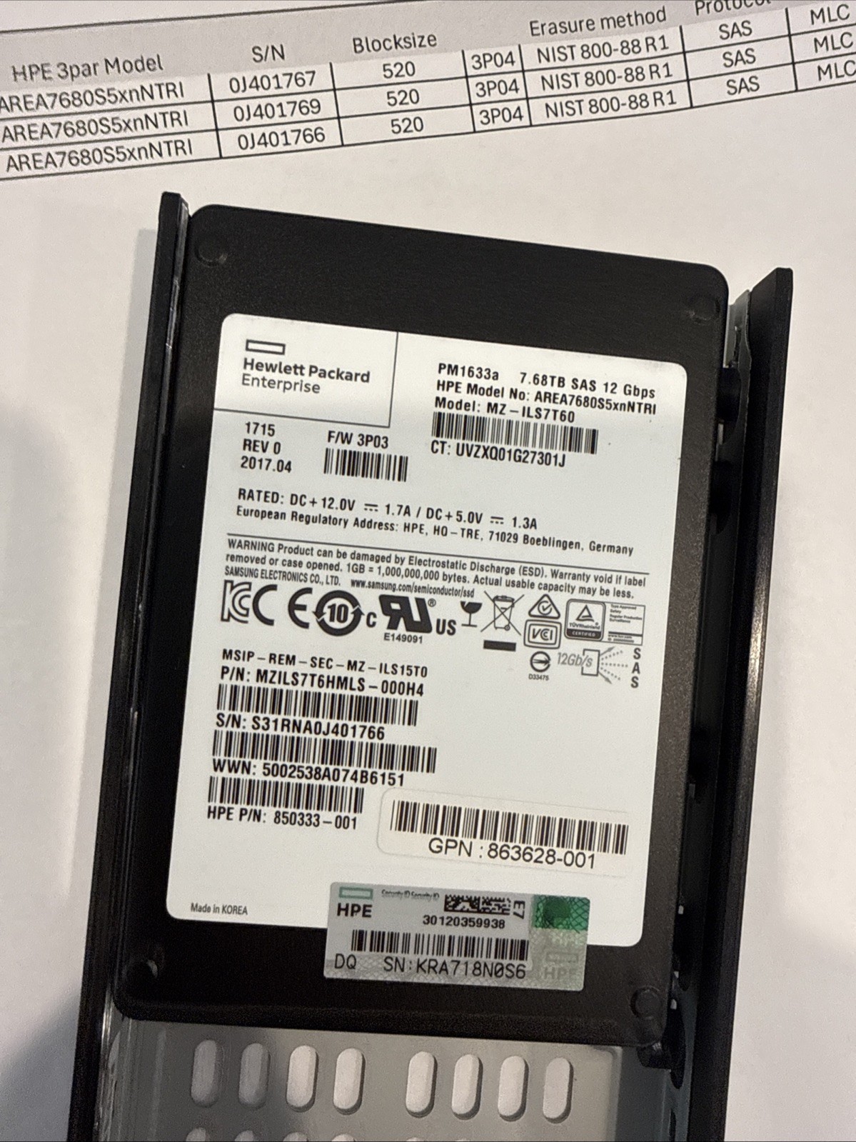 863460-001 HPE 3PAR 8000 7.68TB SAS 2.5IN SSD P9L83A P9L83B 97% – 100% Life