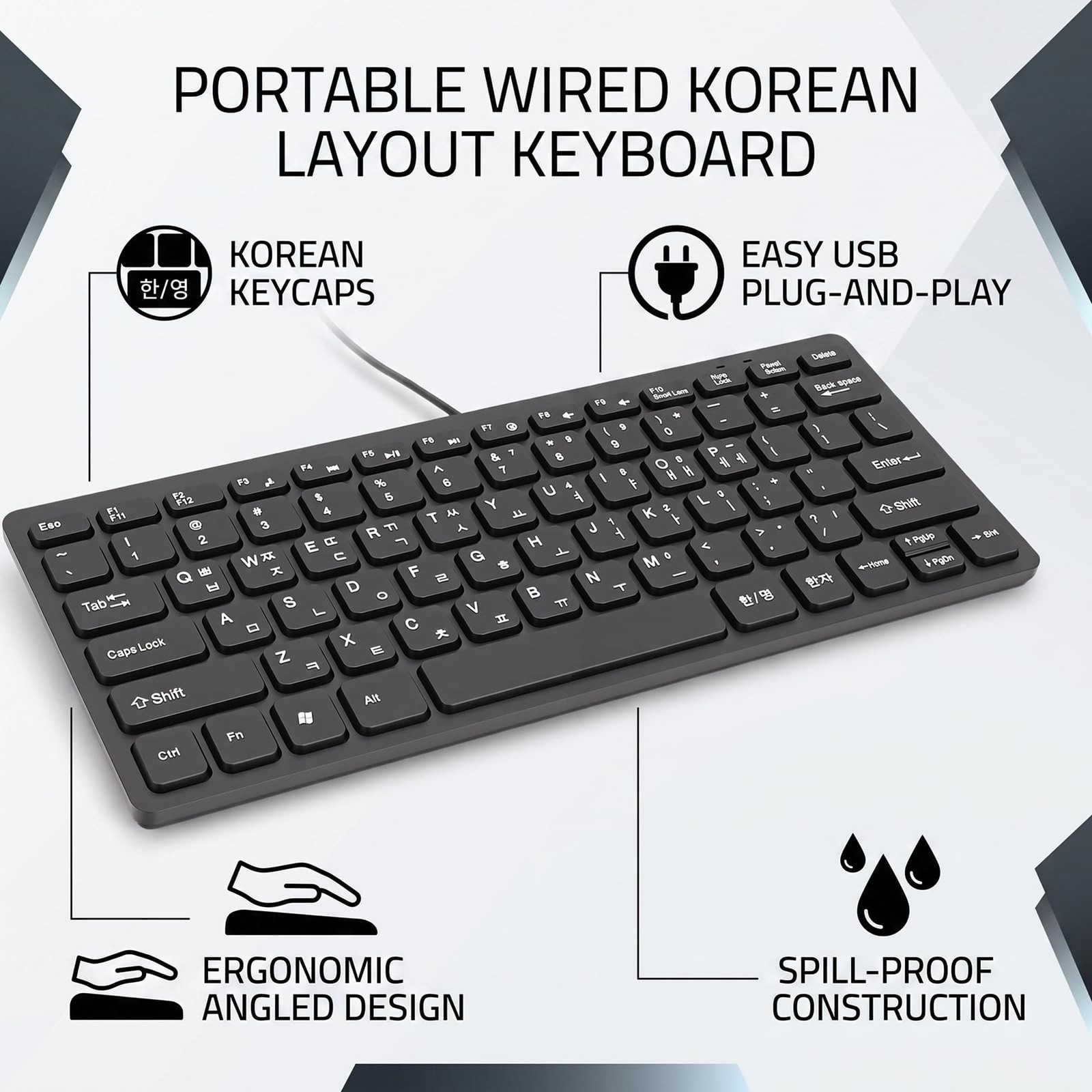 Wired Korean Keyboard, 78 Keys Spill Proof Slim Hangul Layout Keyboard, USB P…