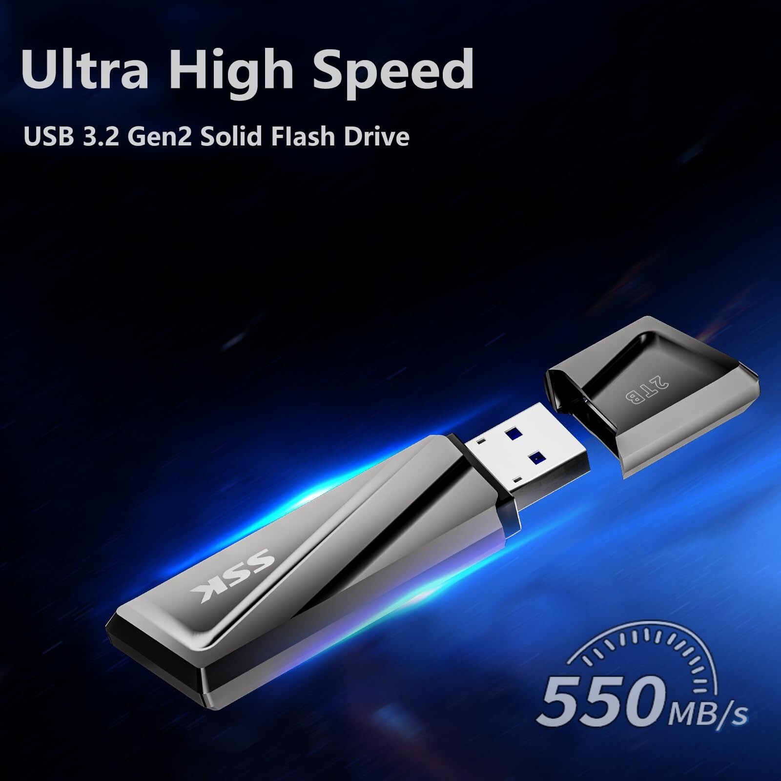 SSK SSD USB Flash Drive USB 3.2 550MB/s + USB C Adapte For Laptop, Smartphone