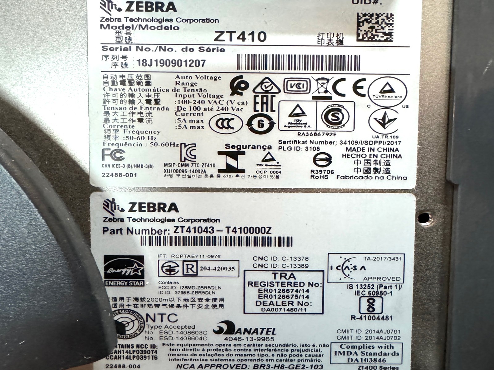 Zebra ZT410 DT/TT Label Printer 300 dpi Peeler Rewinder USB Bluetooth LAN