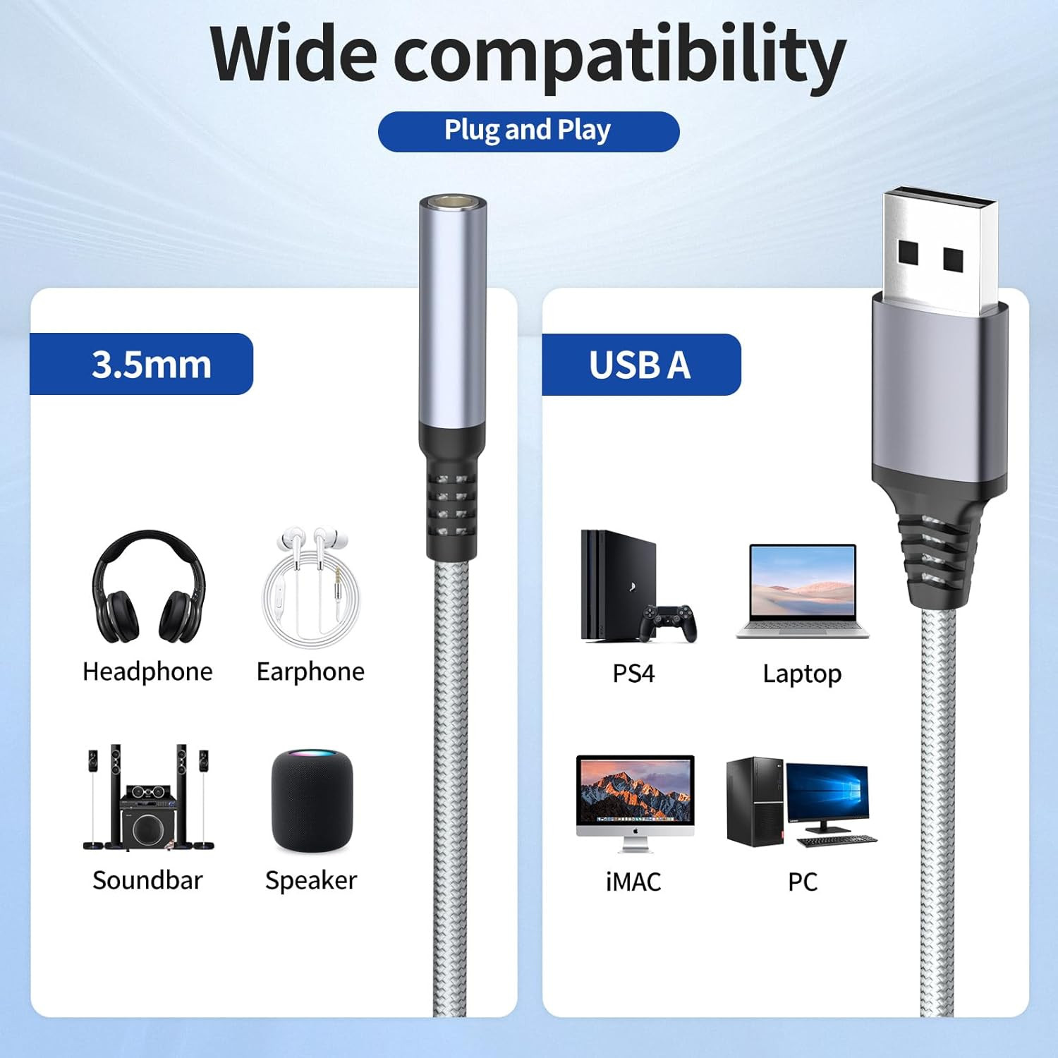 USB to 3.5Mm Jack Audio Adapter, Audio Aux Cable External Stereo Sound Card, USB