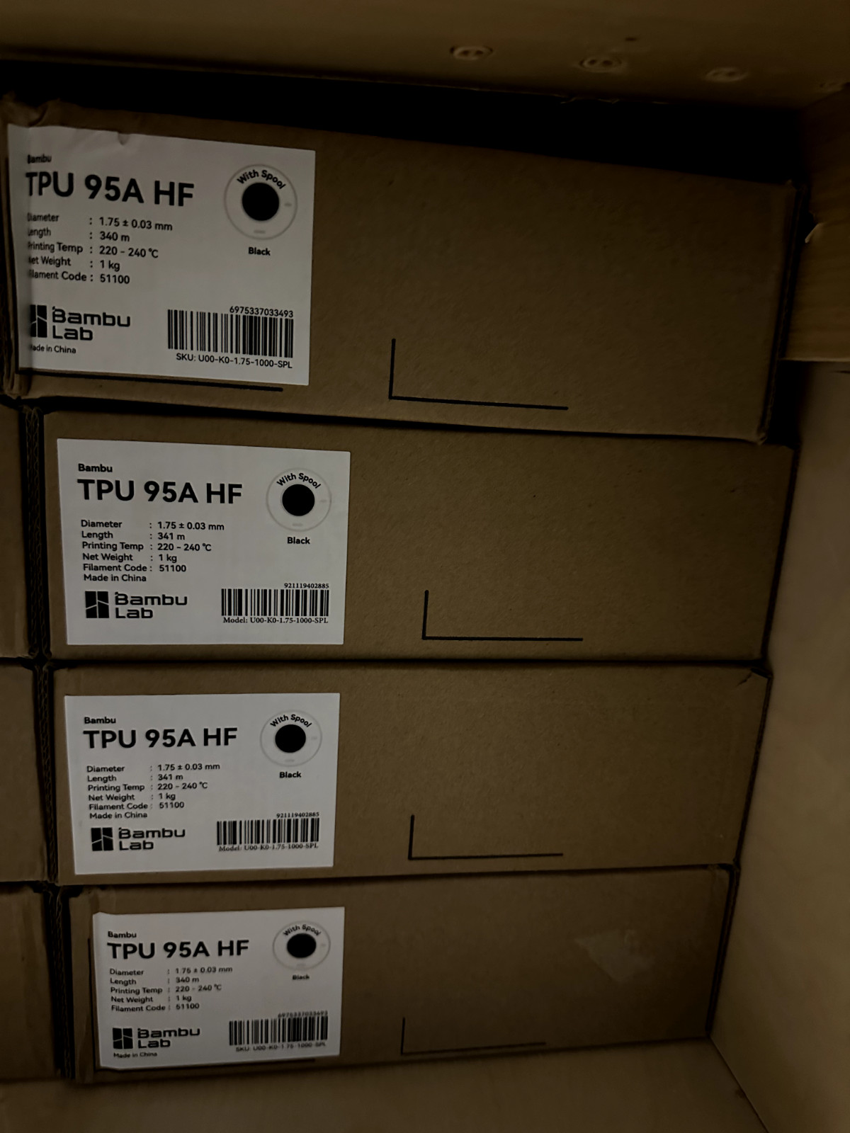 3D Printer Filament TPU 95A HF with Spool, 1kg, 1.75mm +/- 0.03mm New in Box