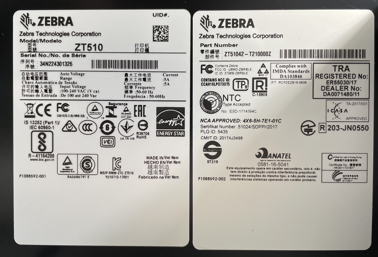 Zebra ZT510 Barcode Printer ZT51042-T210000Z Silver w/ Power Cord