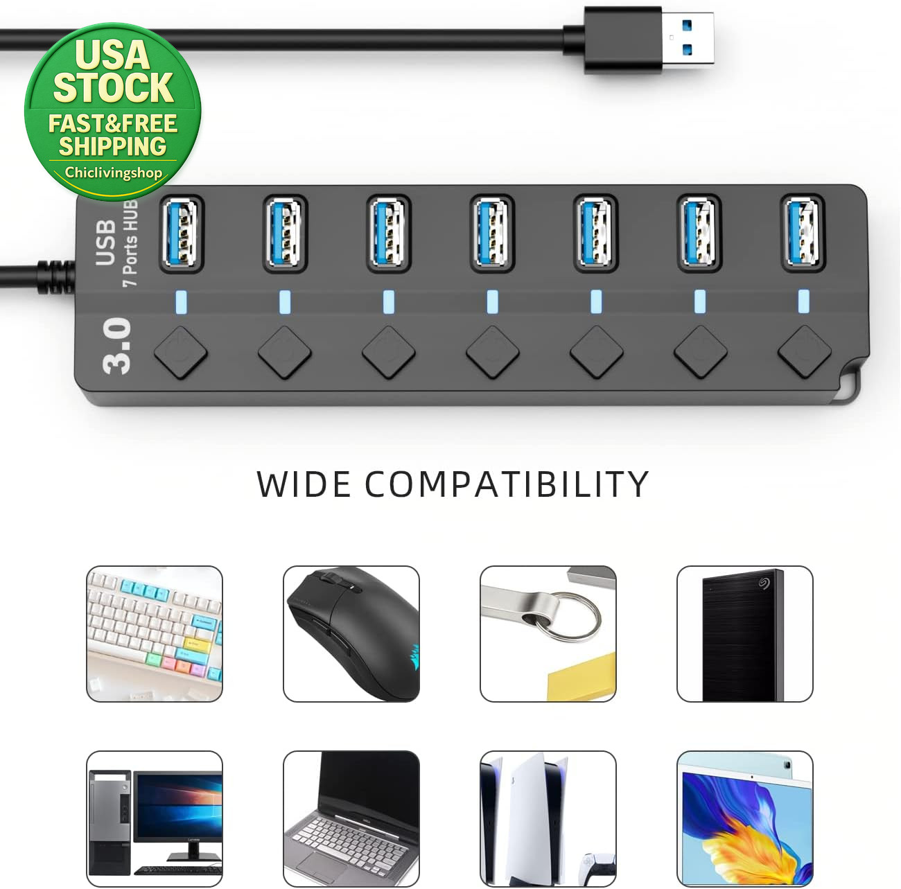 USB 3.0 Hub 7-Port Splitter 3Ft Cable Compatible with Laptop PC Surface Pro