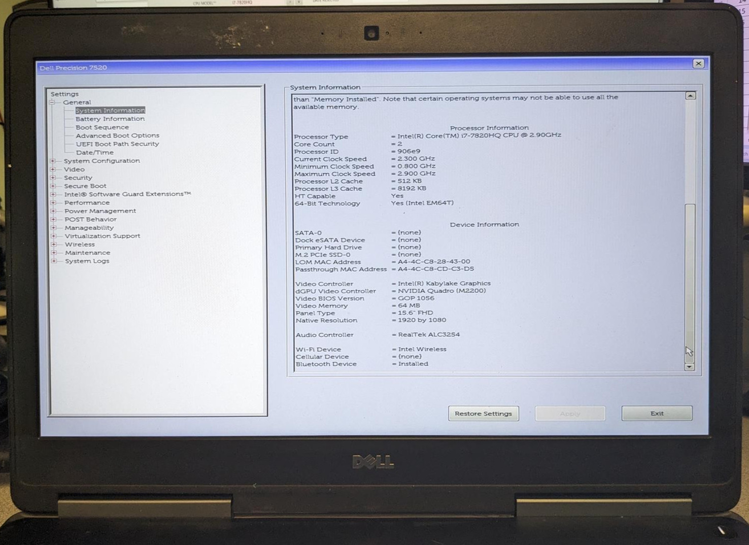 DELL PRECISION 7520 i7-7820HQ @ 2.90GHz, 8GB RAM, NO HDD/OS
