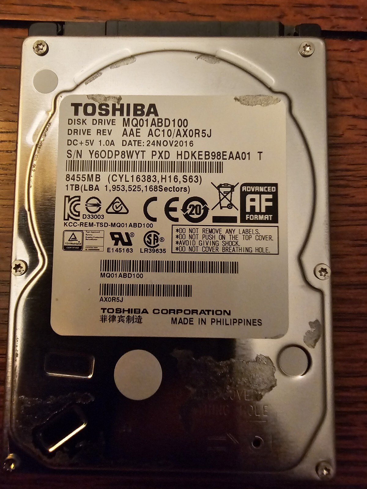 MQ01ABD100 AAE AC10/AX0R5J TOSHIBA 1TB WITH WIN 10 HOME LICENSE INSTALLED