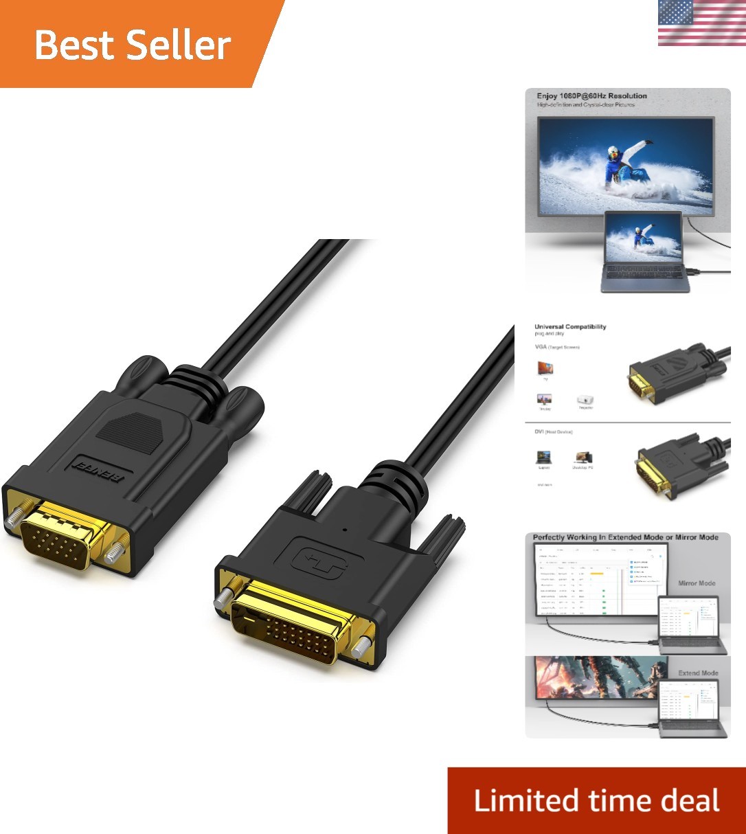 6 Feet Gold-Plated DVI-D to VGA Cable – Quad-Shielded for Ultimate Performance