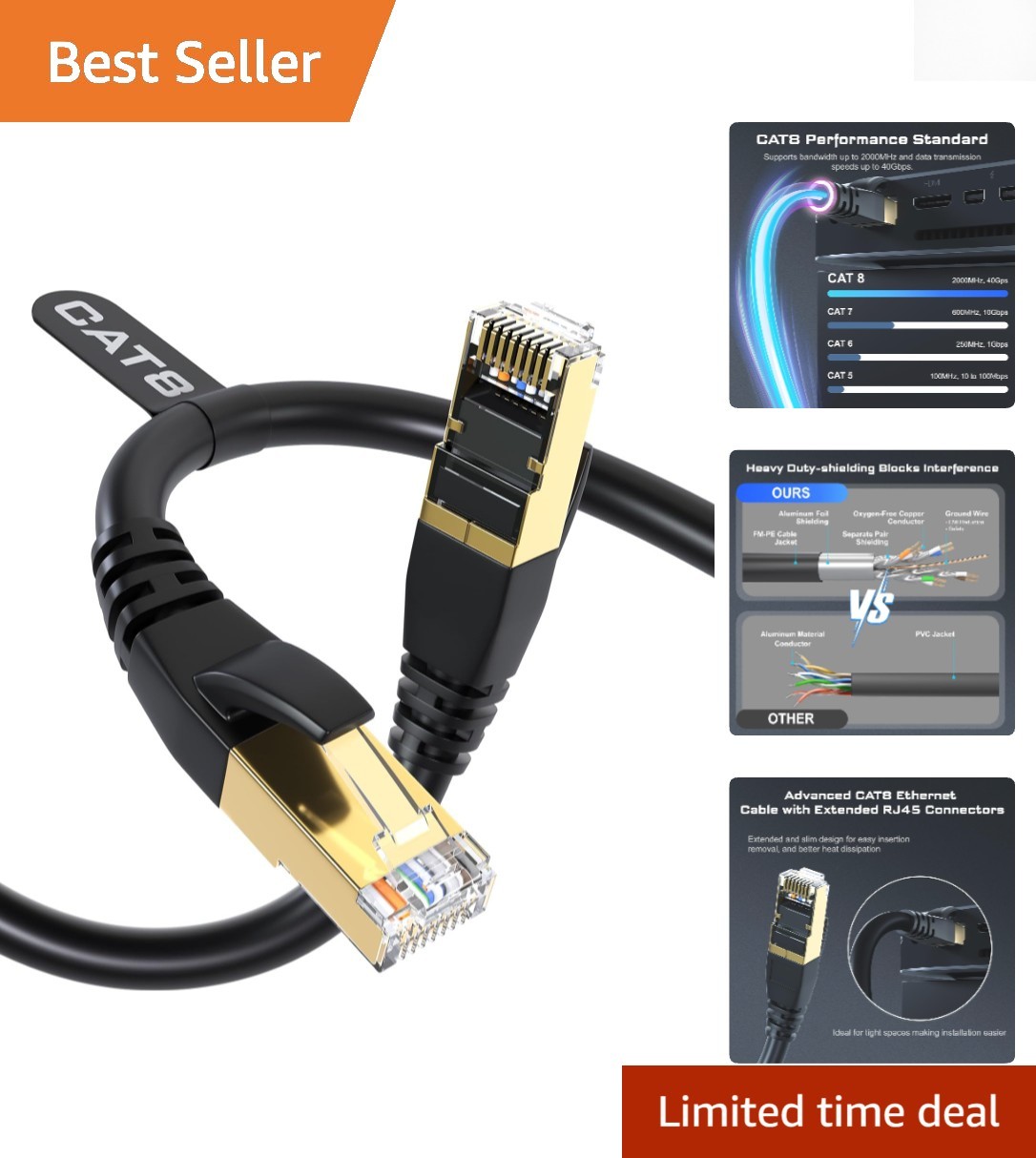 Cat8 Ethernet Cable – 6FT Heavy Duty, Weatherproof, 40Gbps for Outdoor & Indoor