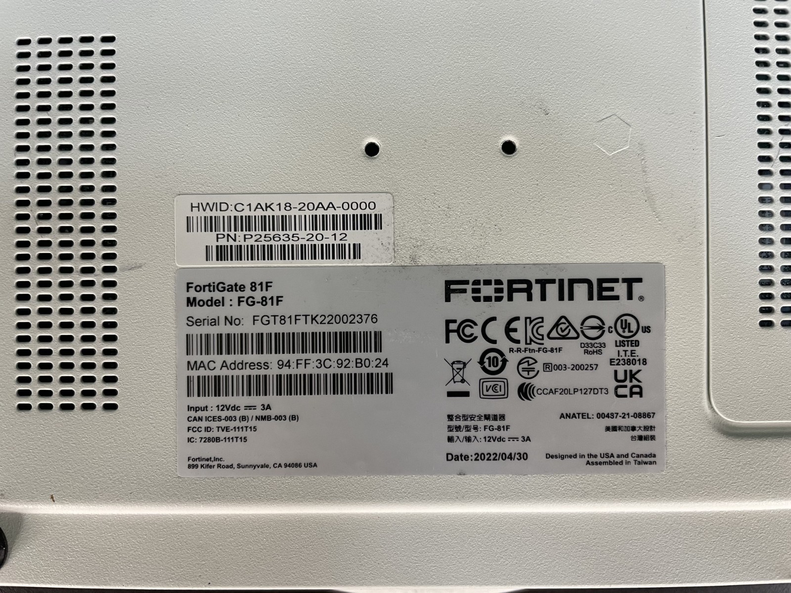 FORTINET FortiGate 81F Model FG-81F Next Generation Firewall *No AC Adapter