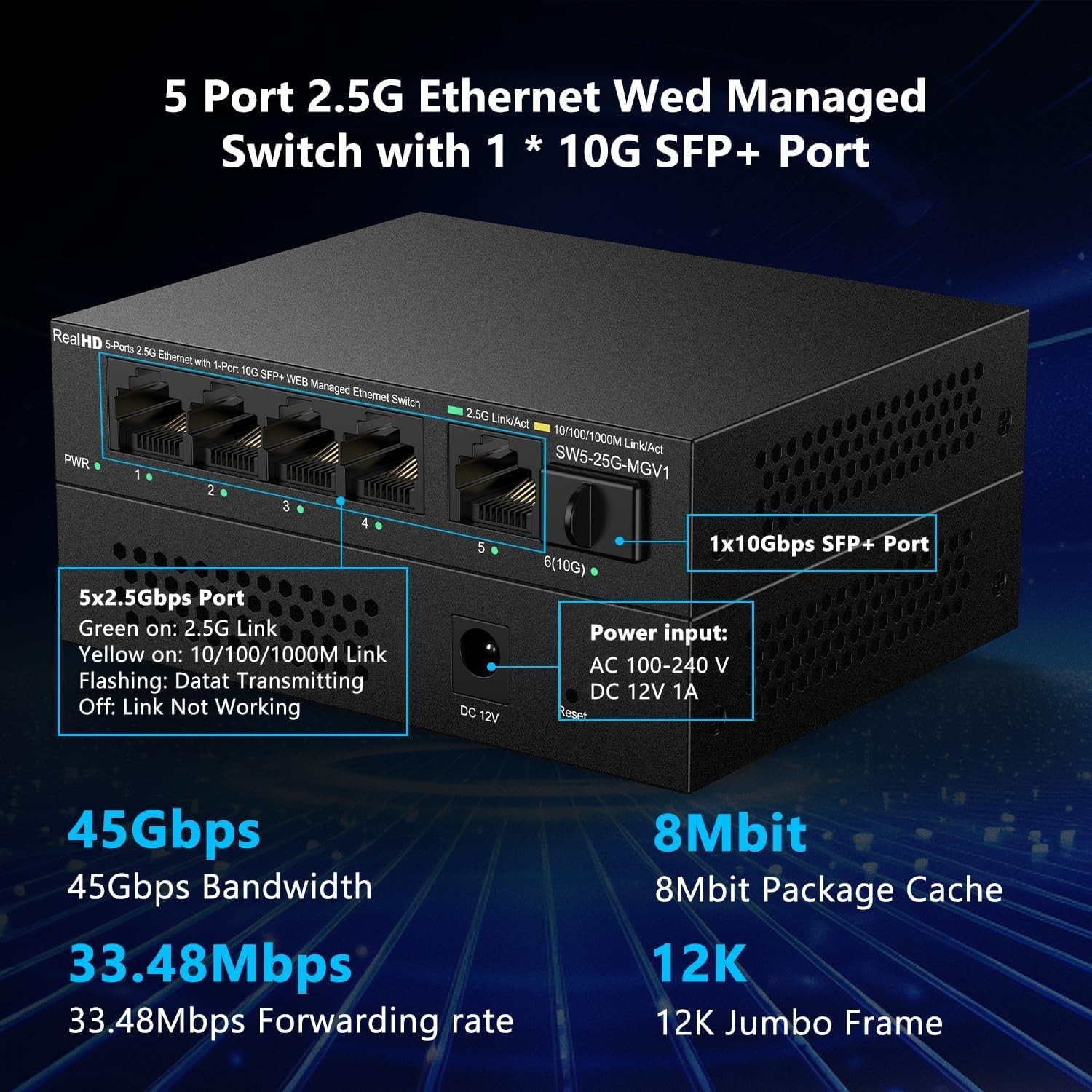 5Port 2.5G Managed Ethernet Network Switch w/1 x 10G SFP &5 x 2.5G Base T Ports