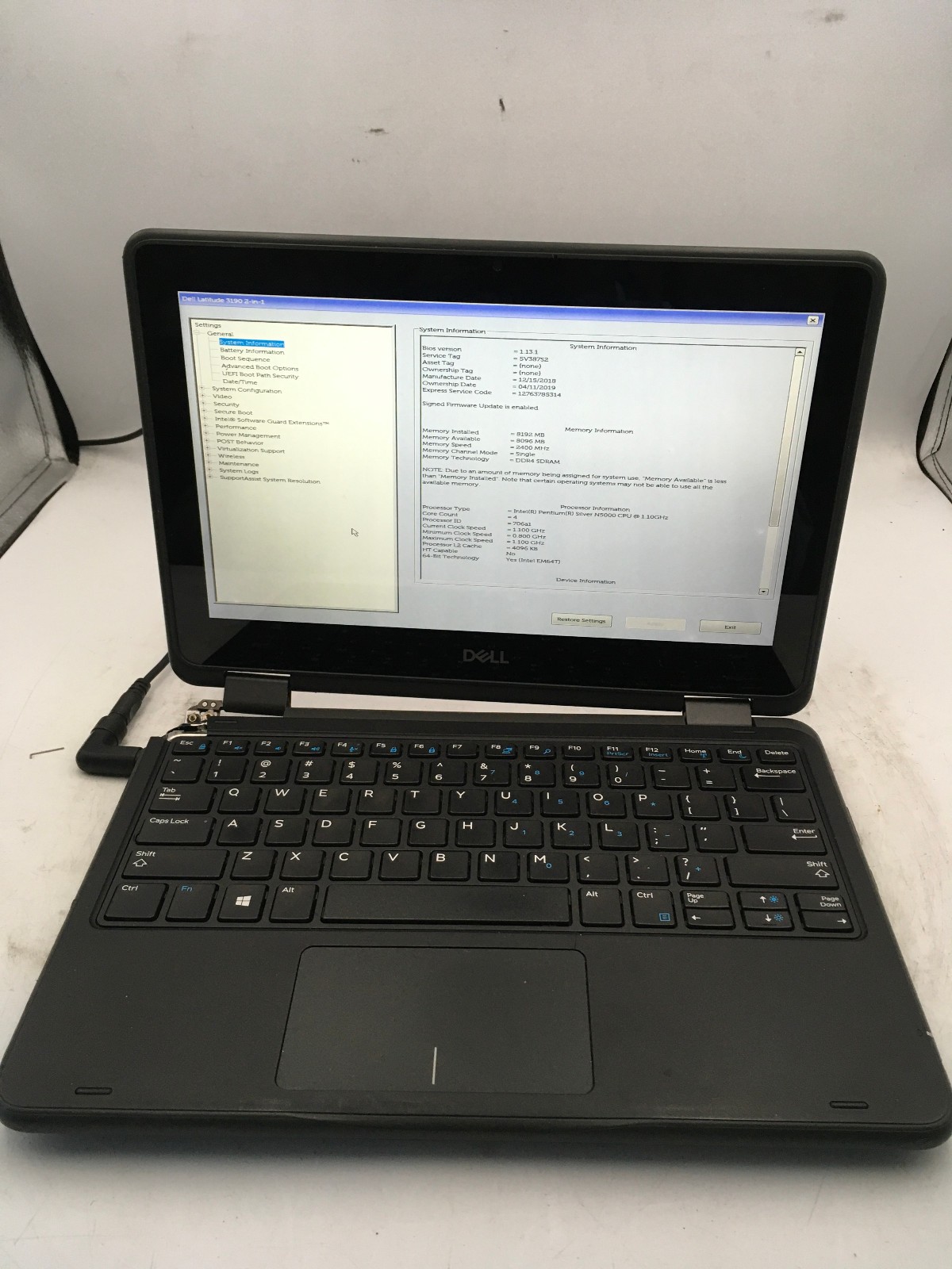 DELL LATITUDE 3190 -BOOTS TO BIOS- INTEL PENTIUM SILVER N5000 – 8GB RAM -READ-BB