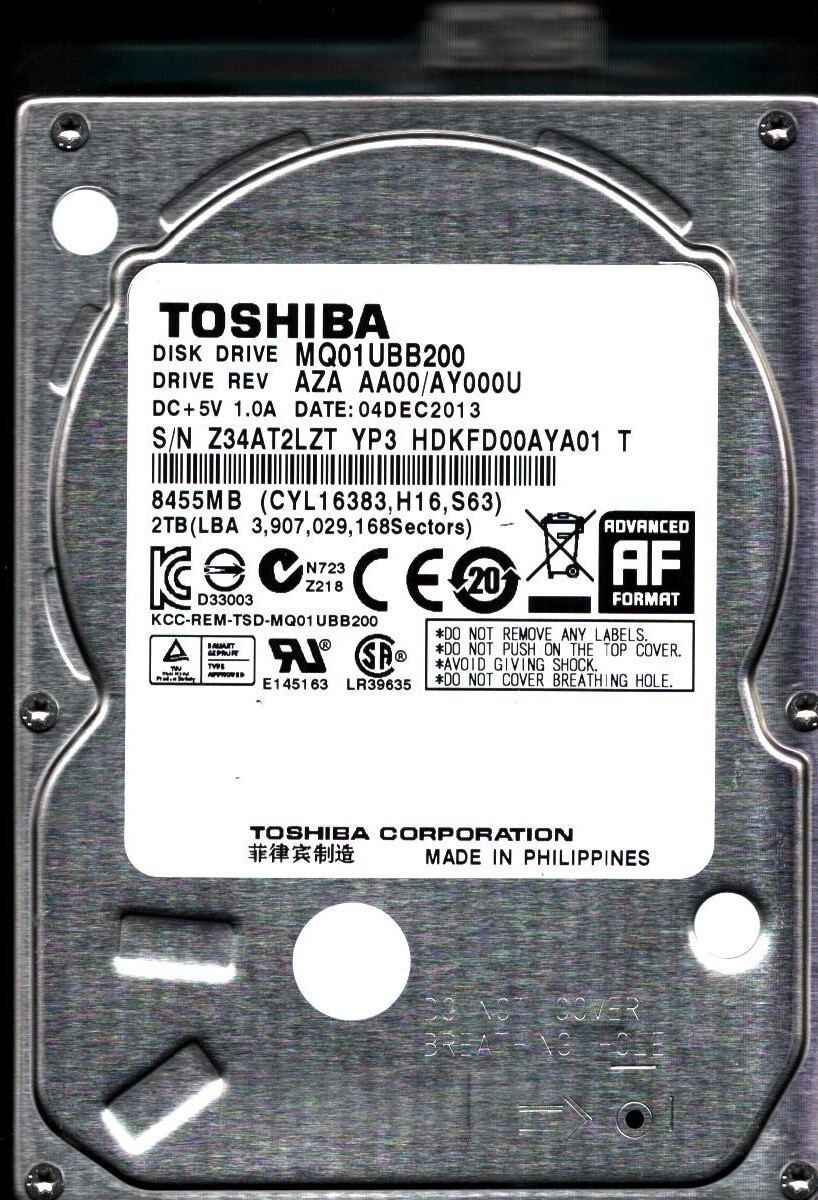 MQ01UBB200 HDKFD00AYA01 T REV: AZA AA00/AY000U 2TB DEC 2013 PHILIPPINES TOSHIBA