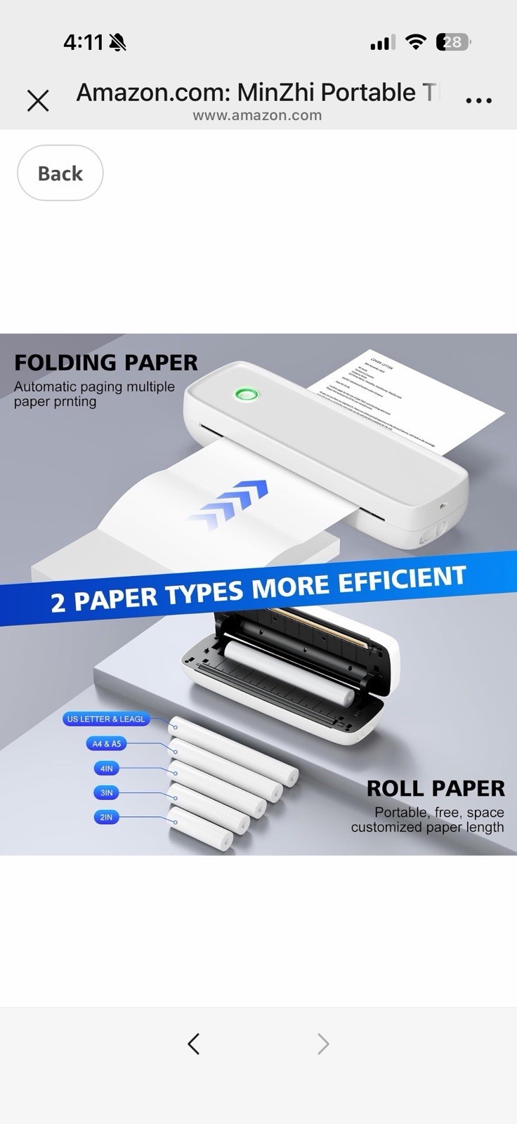 Portable Wireless Thermal Printer Inkless Travel Printer for Letter A4 A5 Paper