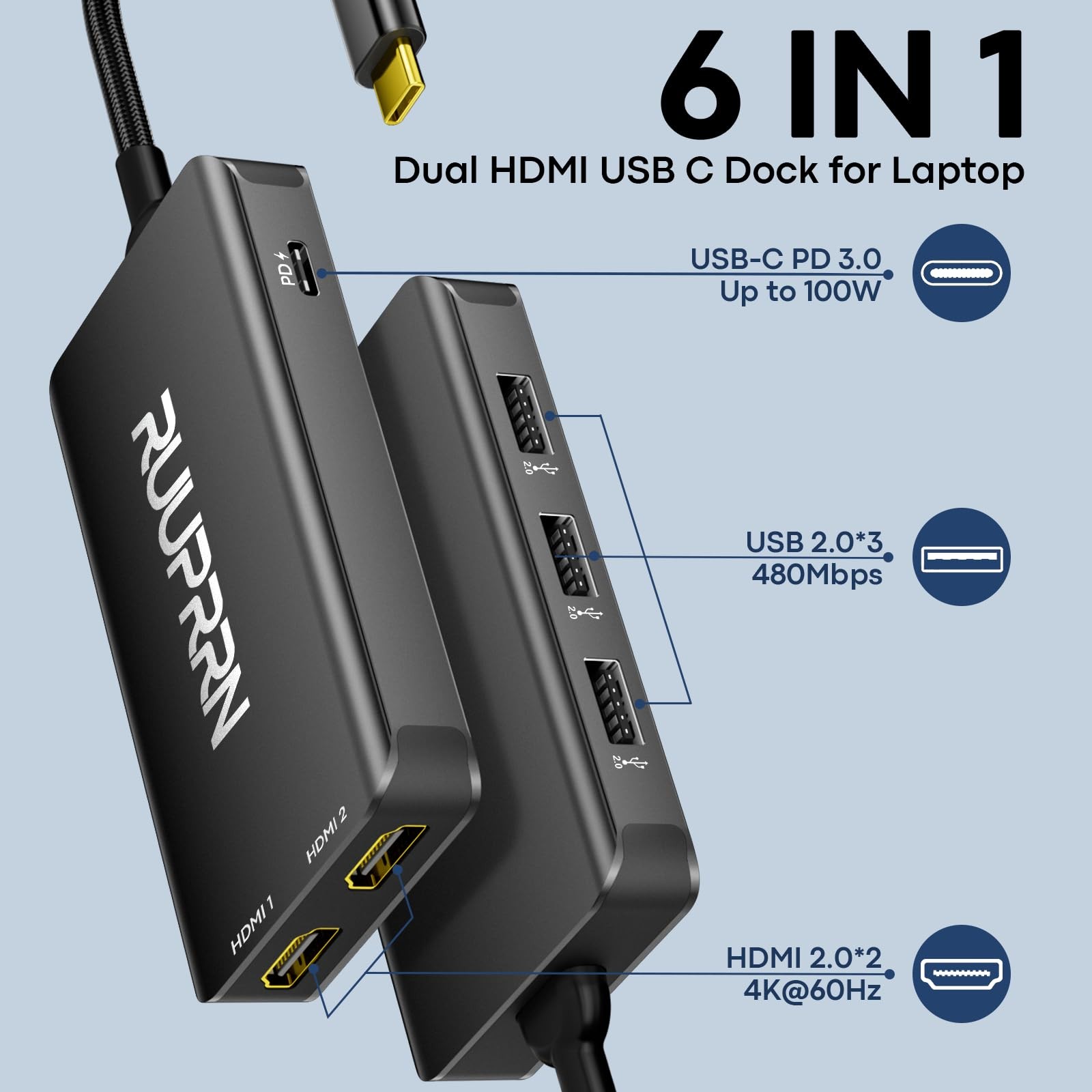 6-in-1 USB Hub (0.99FT), USB C to Dual HDMI Adapter 4K@60Hz, HDMI Splitter Ex…