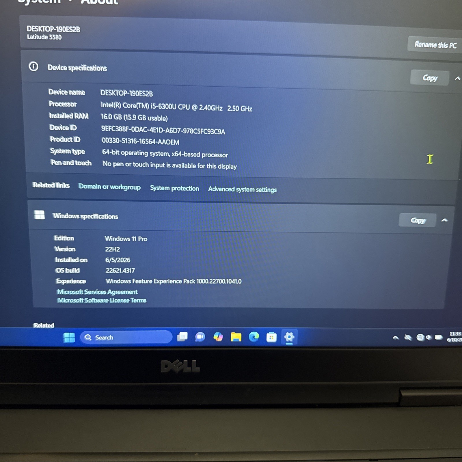 Dell Latitude 5580 Laptop i5-6300U 2.4GHz 16GB 256GB SSD Win11 pro