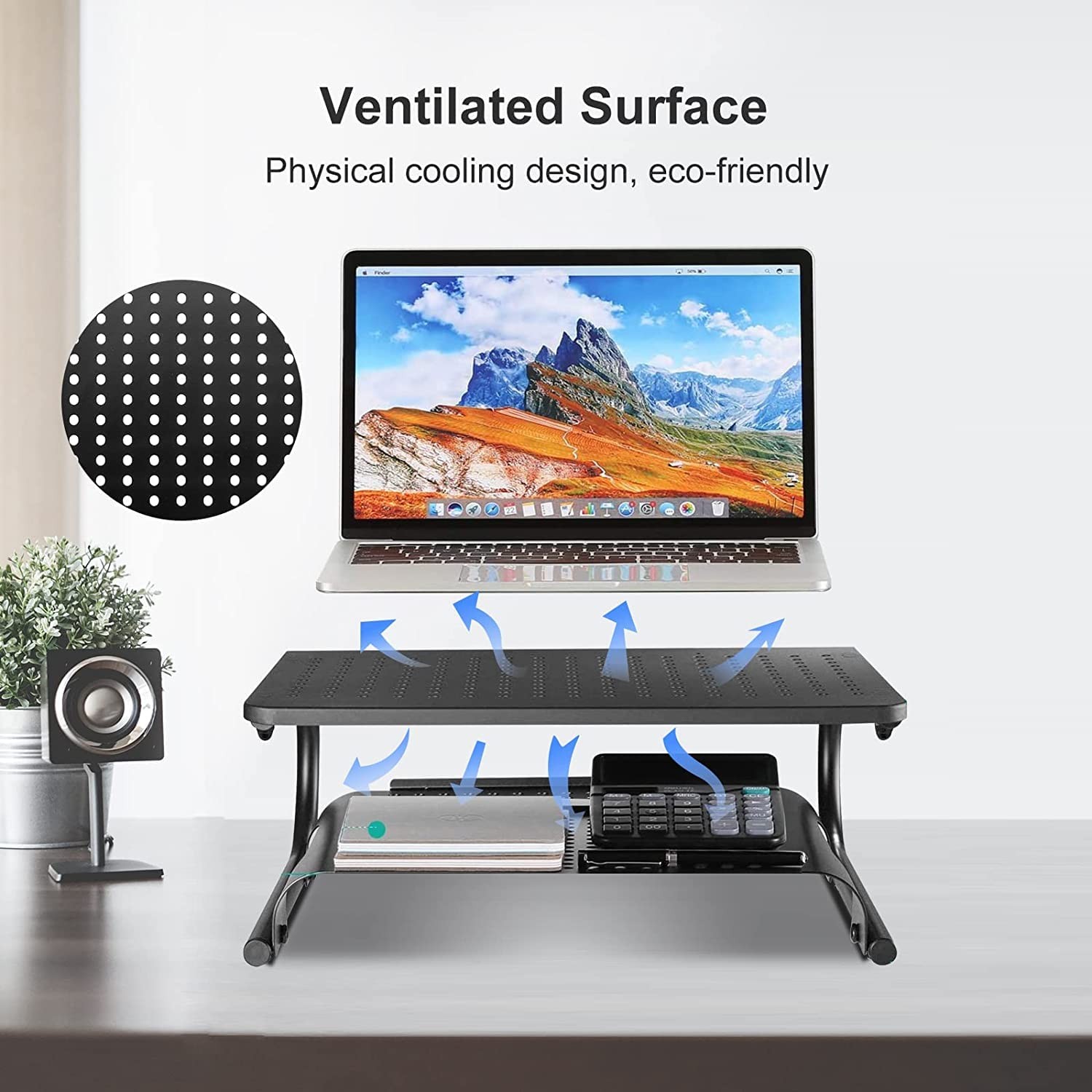 Double Deck Vented Metal Platform Computer Monitor Stand Riser Storage 4 In