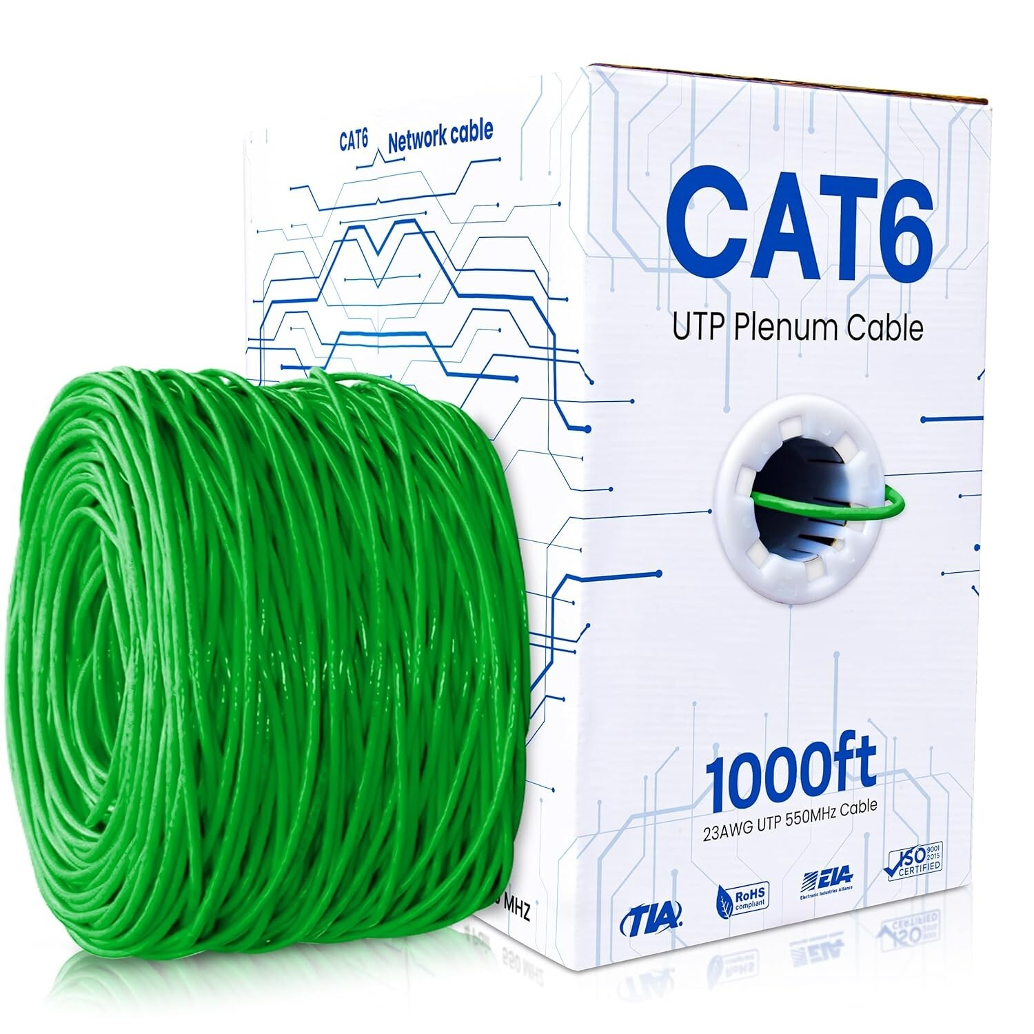 Cables Cat6 Plenum (CMP) 1000ft Ethernet 23AWG Solid Conductor 550MHz 10Gbps