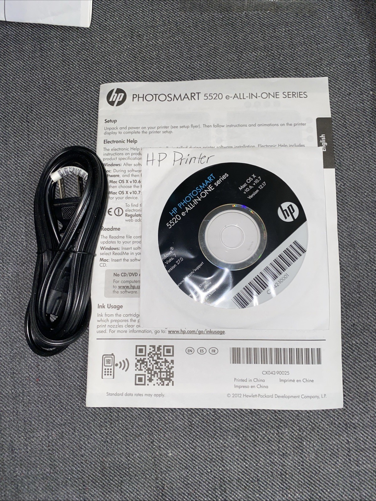 HP Photosmart 5520 Series Driver Disc CD-ROM for Windows or Mac Power Cord