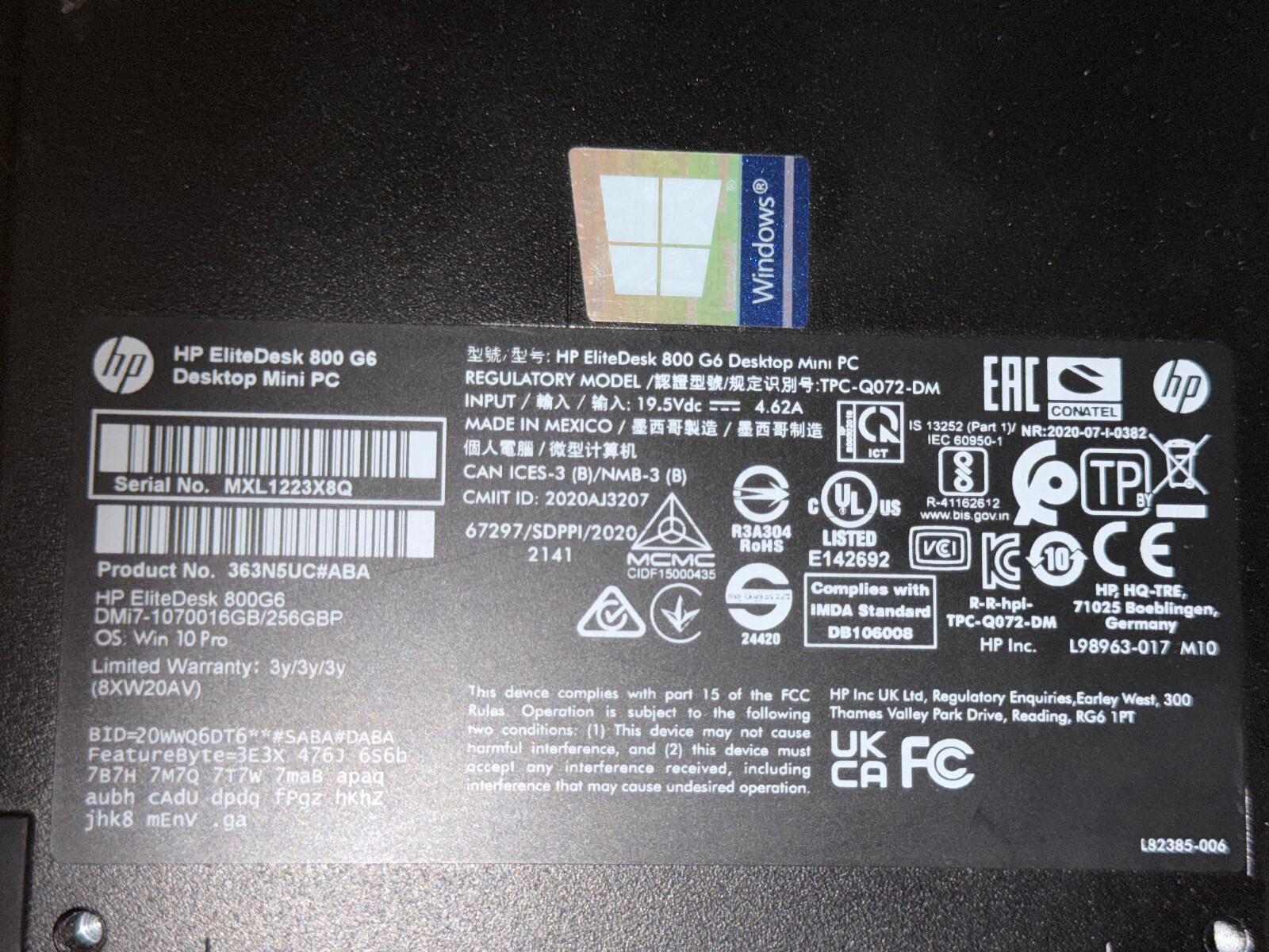 HP EliteDesk 800 G6 Desktop PC mini – NO CPU, HDD, RAM – Barebones no wireles