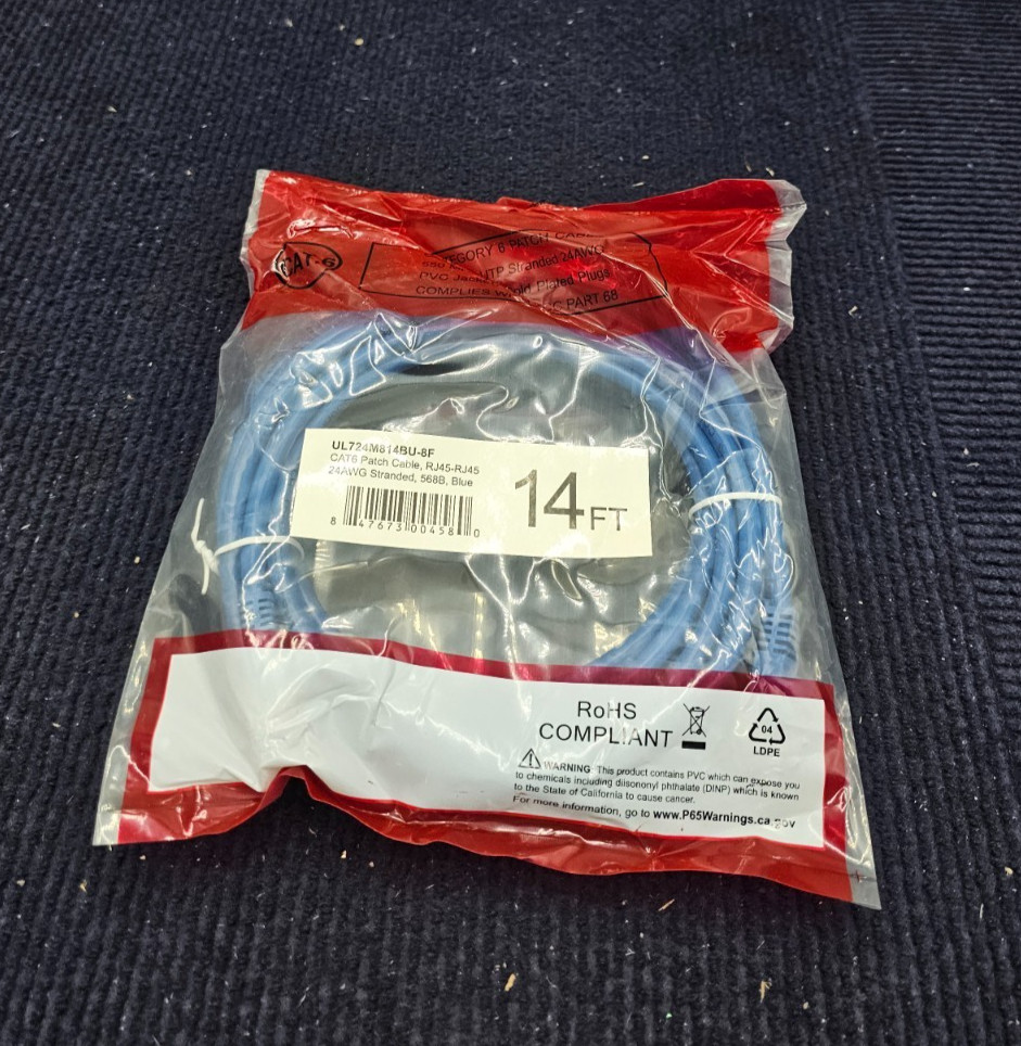 (QTY 10) UL724M814BU-8F 14FT CAT 6 Patch Cable, UTP Stranded 568B Blue