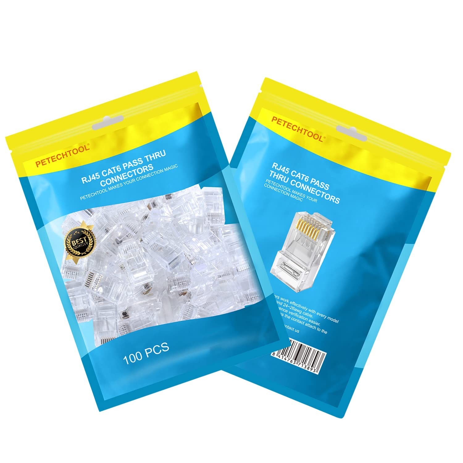 100-Pack Gold Plated RJ45 Cat6 Pass-Through Connectors – 8P8C Ethernet Plugs