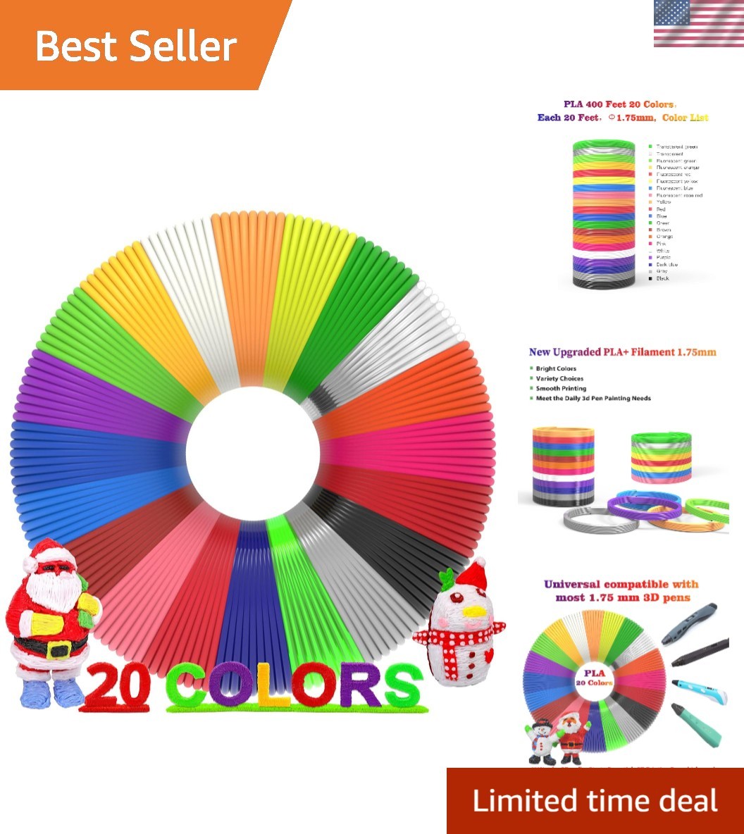 Vibrant 3D Pen Filament 400ft – 20 Colors of Smooth Printing PLA + Stencil Guide