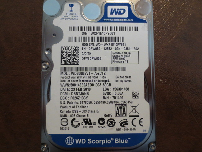Western Digital WD800BEVT-75ZCT2 DCM:DBNTJANB 80gb 2.5″ Sata Hard Drive