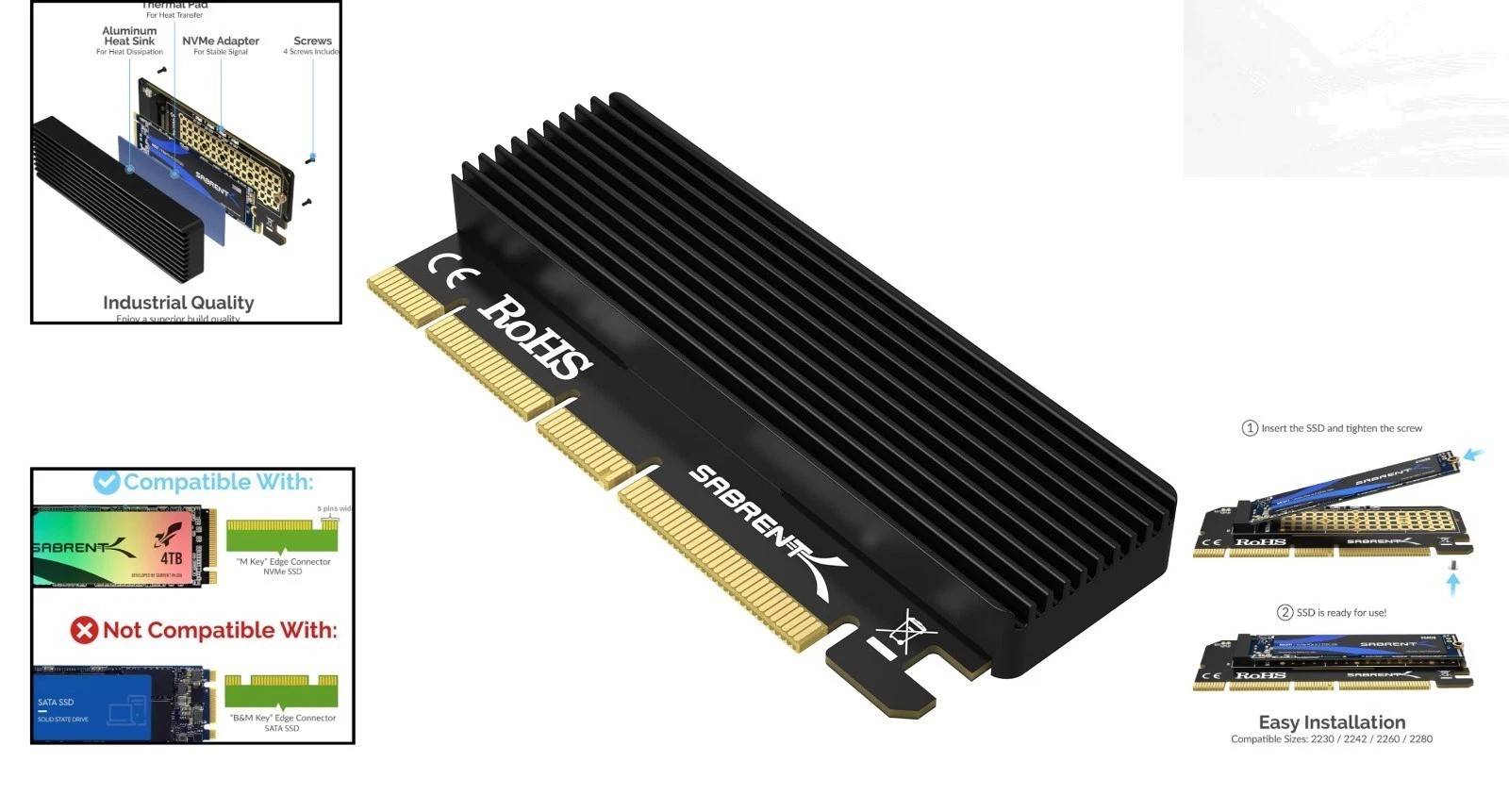 Ultra-Fast M.2 NVMe SSD PCIe X16/X8/X4 Adapter with Aluminum Heatsink