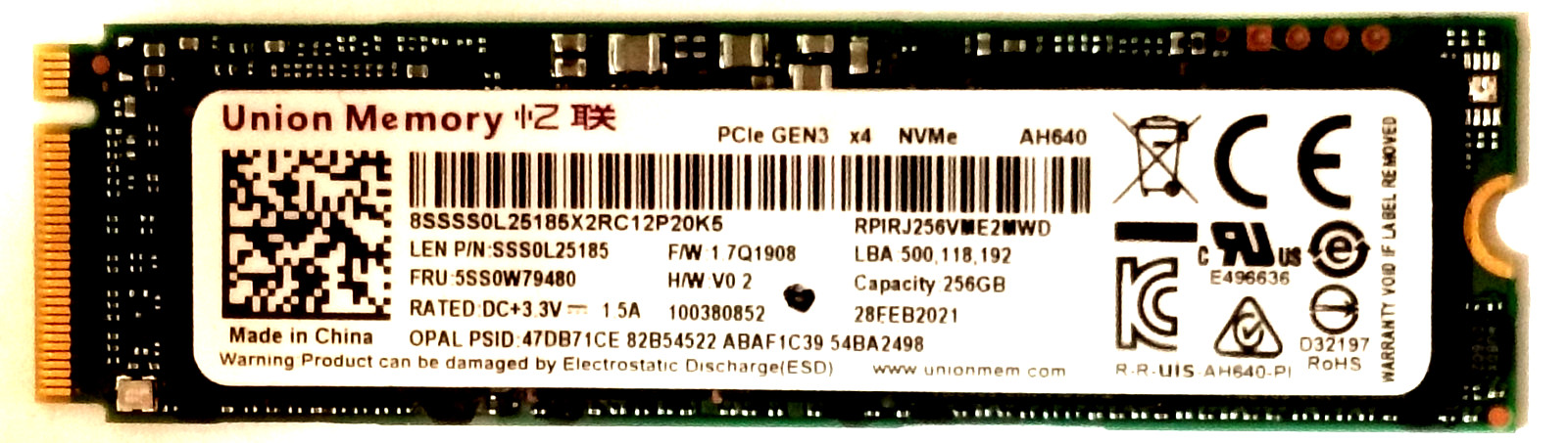 Union Memory 256GB NVMe M.2 Solid State Drive RPIRJ256VME2MWD PCIe Gen3 #3