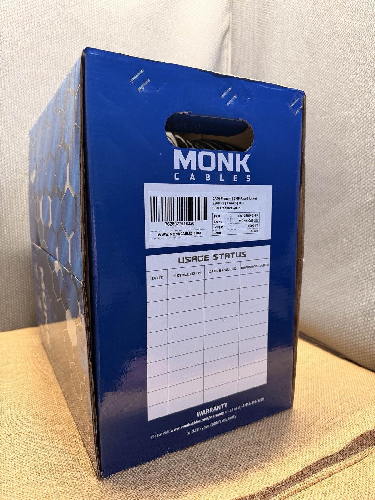 Monk Cables CAT6 Plenum Cable 1000ft Black UTP 23AWG 550MHz DSX-8000 NEW