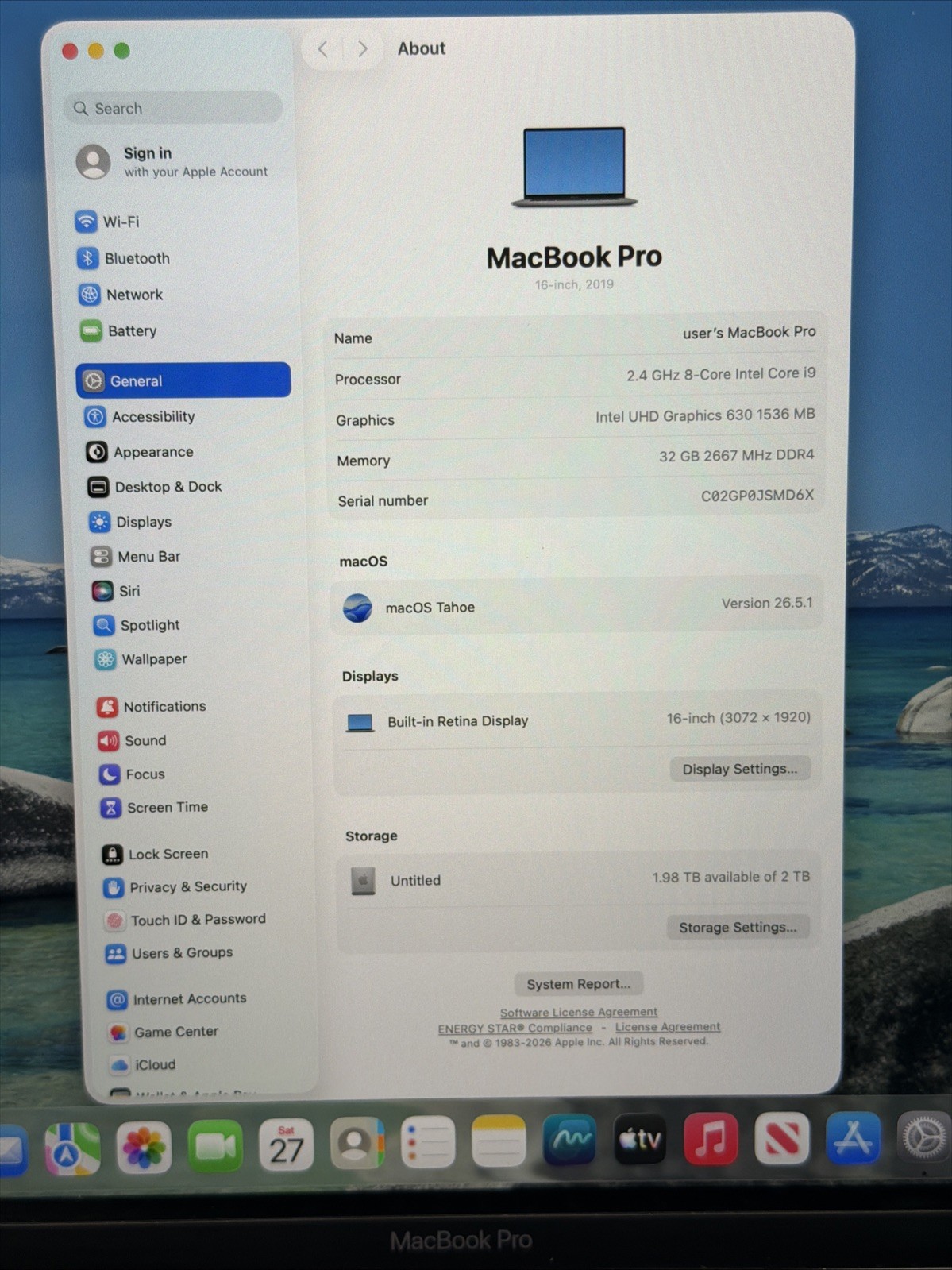 Apple MacBook Pro A2141 16″ 2019 Core i9 32GB 2TB SSD Latest Os Installed A Grad