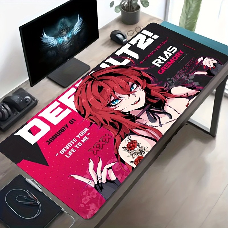 1 Large Gaming Mouse Pad with Red and Black Anime Red-Haired Girl Design, Non-S