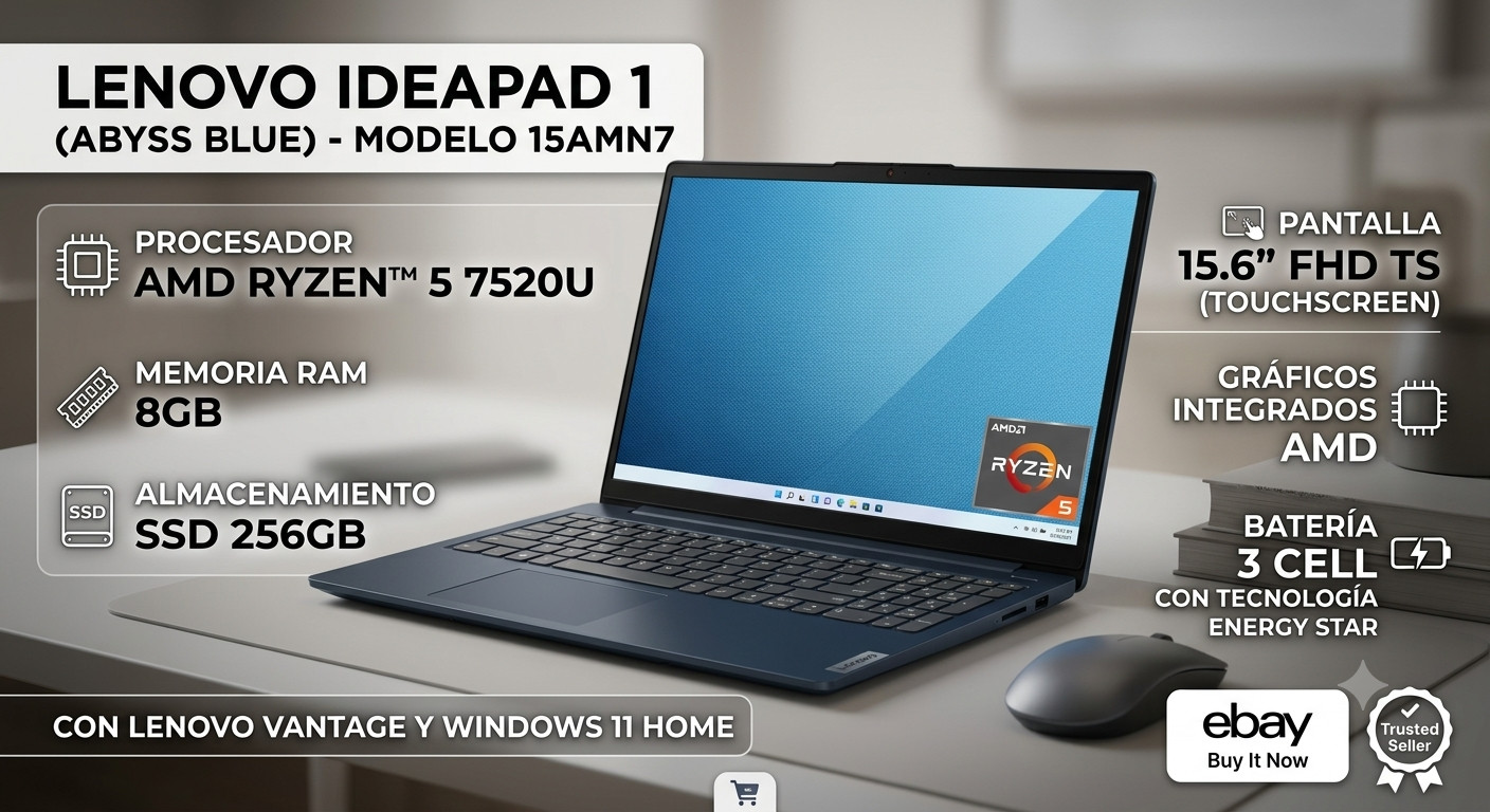 Lenovo IdeaPad 1 15.6” (256GB SSD AMD Ryzen 3 7320U 2.4GHz 8GB RAM) Laptop…